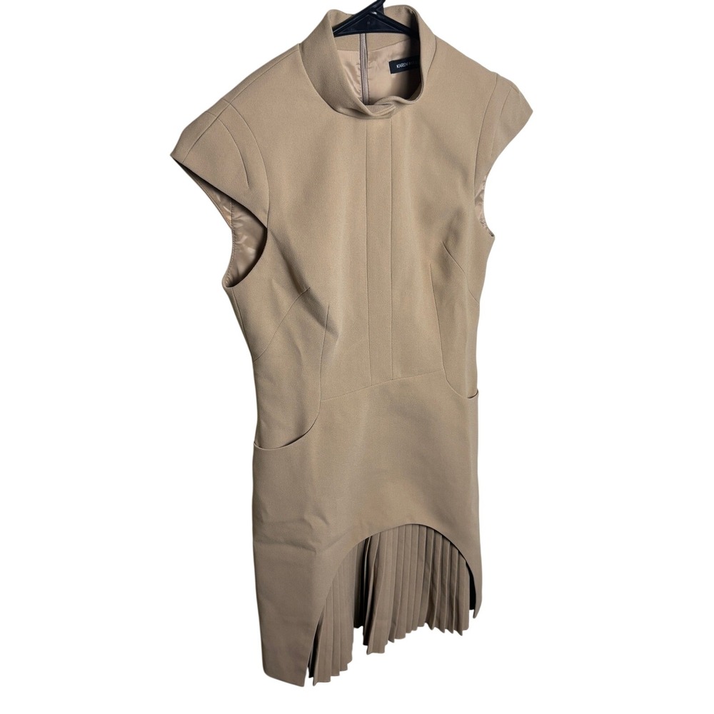 NWT Karen Millen Beige Military Pleated Arched Hem Cap Sleeve Dress Womens US 2 - Picture 4 of 9